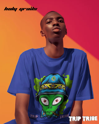 Men in Street Style 'Alien High' Royal Blue 240 GSM 100% Cotton Oversize Tee HG x Trip Tribe - Front