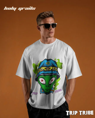 Men in Street Style 'Alien High' White 240 GSM 100% Cotton Oversize Tee HG x Trip Tribe - Front