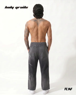 Men in Street Style 'Amore' Grey 400 GSM 100% Cotton Screen Print Baggy Joggers HG x FLYAF - Back Full