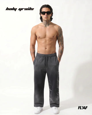 Men in Street Style 'Amore' Grey 400 GSM 100% Cotton Screen Print Baggy Joggers HG x FLYAF - Front Full