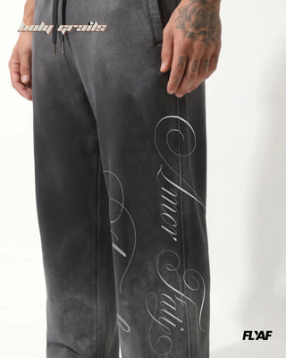 Men in Street Style 'Amore' Grey 400 GSM 100% Cotton Screen Print Baggy Joggers HG x FLYAF - Front Side Close Up