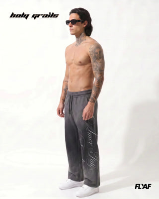 Men in Street Style 'Amore' Grey 400 GSM 100% Cotton Screen Print Baggy Joggers HG x FLYAF - Front Side Full