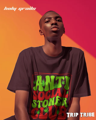 Men in Street Style 'Anti Social Stoner Club' Maroon 240 GSM 100% Cotton Oversize Tee HG x Trip Tribe - Front