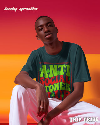 Men in Street Style 'Anti Social Stoner Club' Bottle Green 240 GSM 100% Cotton Oversize Tee HG x Trip Tribe - Front