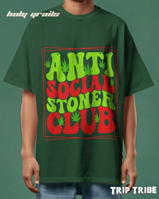 Men in Street Style 'Anti Social Stoner Club' Bottle Green 240 GSM 100% Cotton Oversize Tee HG x Trip Tribe - Front Close