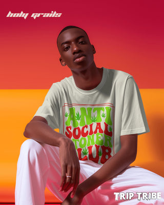 Men in Street Style 'Anti Social Stoner Club' Off White 240 GSM 100% Cotton Oversize Tee HG x Trip Tribe - Front