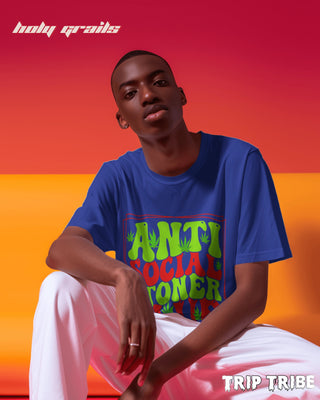 Men in Street Style 'Anti Social Stoner Club' Royal Blue 240 GSM 100% Cotton Oversize Tee HG x Trip Tribe - Front