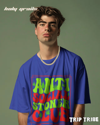 Men in Street Style 'Anti Social Stoner Club' Royal Blue 240 GSM 100% Cotton Oversize Tee HG x Trip Tribe - Front Close