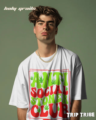 Men in Street Style 'Anti Social Stoner Club' White 240 GSM 100% Cotton Oversize Tee HG x Trip Tribe - Front