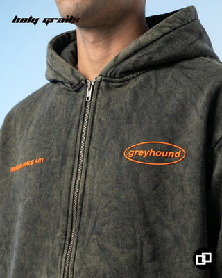 Men in Street Style 'Behind Me for a Reason' Grey Unisex 400 GSM 100% Cotton Oversize fit Zip Up Hoodie HG x Grey Hound - Front Close Up
