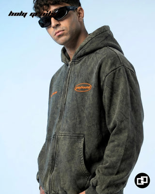 Men in Street Style 'Behind Me for a Reason' Grey Unisex 400 GSM 100% Cotton Oversize fit Zip Up Hoodie HG x Grey Hound - Front Side Close