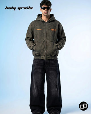 Men in Street Style 'Behind Me for a Reason' Grey Unisex 400 GSM 100% Cotton Oversize fit Zip Up Hoodie HG x Grey Hound - Front Full