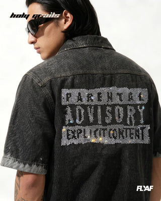 Men in Street Style 'Black Advisory' Black 100% Cotton Denim Screen Print & Beads Detailing Half Sleeve Shirt HG x FLYAF - Back Close Up