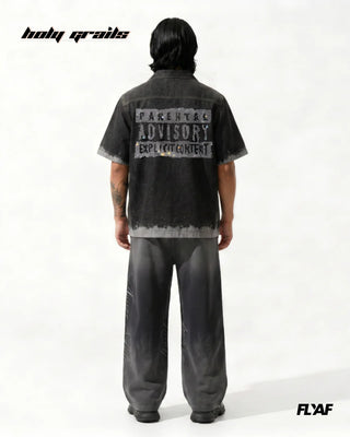 Men in Street Style 'Black Advisory' Black 100% Cotton Denim Screen Print & Beads Detailing Half Sleeve Shirt HG x FLYAF - Back Full