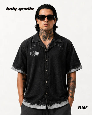 Men in Street Style 'Black Advisory' Black 100% Cotton Denim Screen Print & Beads Detailing Half Sleeve Shirt HG x FLYAF - Front