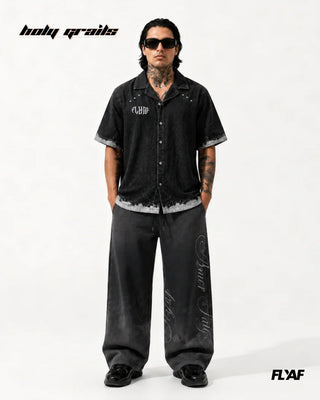 Men in Street Style 'Black Advisory' Black 100% Cotton Denim Screen Print & Beads Detailing Half Sleeve Shirt HG x FLYAF - Front Full