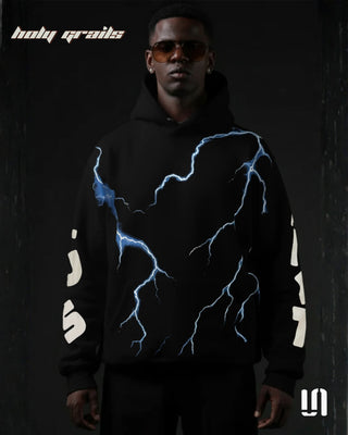 Men in Street Style 'Blackout Thunder' Black Premium 400 GSM Cotton Fleece Thunder Print Hoodie HG x Sullitt - Front