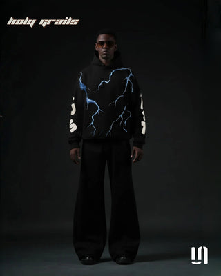 Men in Street Style 'Blackout Thunder' Black Premium 400 GSM Cotton Fleece Thunder Print Hoodie HG x Sullitt - Front Full