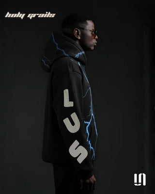 Men in Street Style 'Blackout Thunder' Black Premium 400 GSM Cotton Fleece Thunder Print Hoodie HG x Sullitt - Side 1