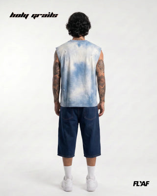 Men in Street Style 'Bleach' Blue 240 GSM 100% Cotton Washed & HD Print Sleeveless Tank Top HG x FLYAF - Back Full