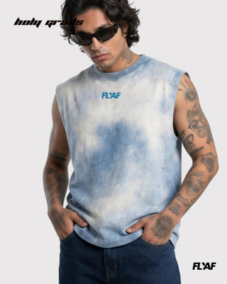 Men in Street Style 'Bleach' Blue 240 GSM 100% Cotton Washed & HD Print Sleeveless Tank Top HG x FLYAF - Front