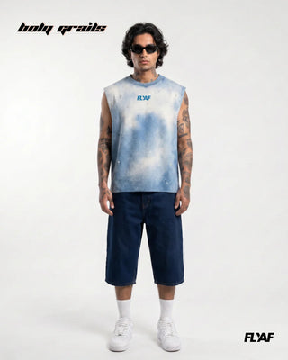 Men in Street Style 'Bleach' Blue 240 GSM 100% Cotton Washed & HD Print Sleeveless Tank Top HG x FLYAF - Front Full