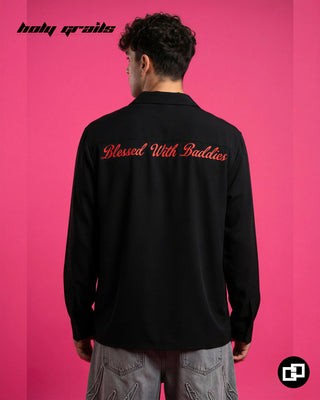Men in Street Style 'Blessed with Baddies' Black Banana Crepe Relaxed Fit Shirt HG x Grey Hound - Back