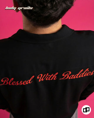 Men in Street Style 'Blessed with Baddies' Black Banana Crepe Relaxed Fit Shirt HG x Grey Hound - Back Close Up