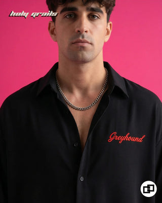 Men in Street Style 'Blessed with Baddies' Black Banana Crepe Relaxed Fit Shirt HG x Grey Hound - Front Close Up