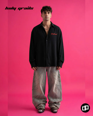 Men in Street Style 'Blessed with Baddies' Black Banana Crepe Relaxed Fit Shirt HG x Grey Hound - Front Full