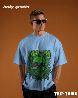 Men in Street Style 'Cannabis Skull' Baby Blue 240 GSM 100% Cotton Oversize Tee HG x Trip Tribe - Front