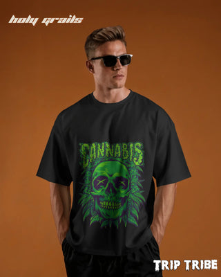 Men in Street Style 'Cannabis Skull' Black 240 GSM 100% Cotton Oversize Tee HG x Trip Tribe - Front