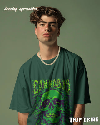 Men in Street Style 'Cannabis Skull' Bottle Green 240 GSM 100% Cotton Oversize Tee HG x Trip Tribe - Front