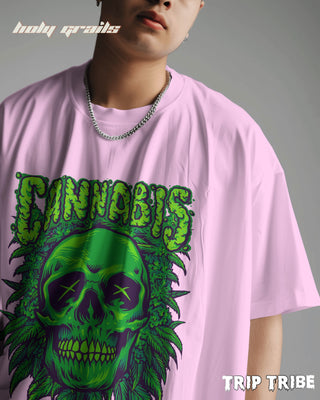 Men in Street Style 'Cannabis Skull' Light Baby Pink 240 GSM 100% Cotton Oversize Tee HG x Trip Tribe - Front