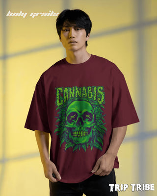 Men in Street Style 'Cannabis Skull' Maroon 240 GSM 100% Cotton Oversize Tee HG x Trip Tribe - Front