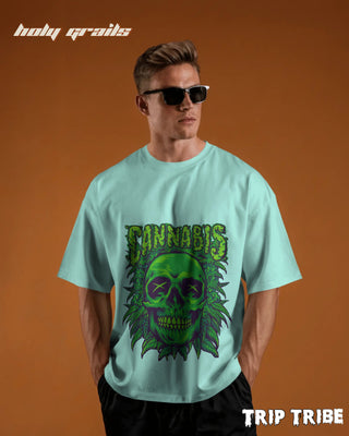 Men in Street Style 'Cannabis Skull' Mint Green 240 GSM 100% Cotton Oversize Tee HG x Trip Tribe - Front