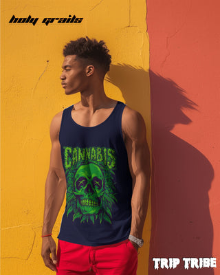 Men in Street Style 'Cannabis Skull' Navy Blue 180 GSM 100% Cotton Graphics Sleeveless Vest HG x Trip Tribe - Front