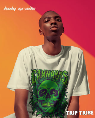 Men in Street Style 'Cannabis Skull' Off White 240 GSM 100% Cotton Oversize Tee HG x Trip Tribe - Front