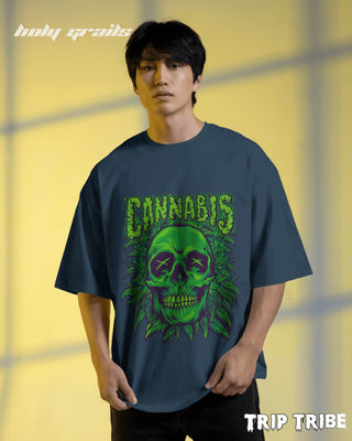 Men in Street Style 'Cannabis Skull' Petrol Blue 240 GSM 100% Cotton Oversize Tee HG x Trip Tribe - Front