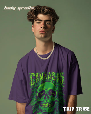 Men in Street Style 'Cannabis Skull' Purple 240 GSM 100% Cotton Oversize Tee HG x Trip Tribe - Front
