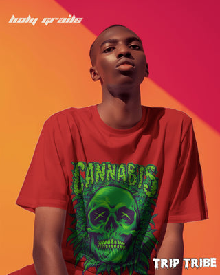 Men in Street Style 'Cannabis Skull' Red 240 GSM 100% Cotton Oversize Tee HG x Trip Tribe - Front