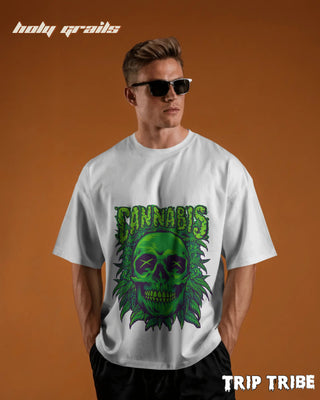 Men in Street Style 'Cannabis Skull' White 240 GSM 100% Cotton Oversize Tee HG x Trip Tribe - Front