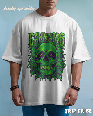 Men in Street Style 'Cannabis Skull' White 240 GSM 100% Cotton Oversize Tee HG x Trip Tribe - Front Close