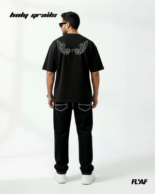 Men in Street Style 'Charcoal Wing' Black 240 GSM 100% Cotton Screen Print & Studwork Graphic Tee HG x FLYAF - Back Full
