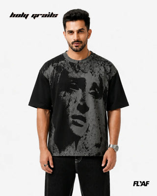 Men in Street Style 'Charcoal Wing' Black 240 GSM 100% Cotton Screen Print & Studwork Graphic Tee HG x FLYAF - Front