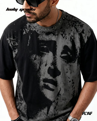 Men in Street Style 'Charcoal Wing' Black 240 GSM 100% Cotton Screen Print & Studwork Graphic Tee HG x FLYAF - Front Close Up