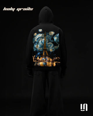 Men in Street Style 'City of Nights' Black 400 GSM Cotton Fleece Graphic Oversize Hoodie HG x Sullitt - Back Full