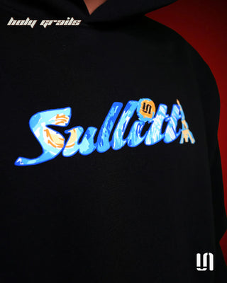 Men in Street Style 'City of Nights' Black 400 GSM Cotton Fleece Graphic Oversize Hoodie HG x Sullitt - Front Print Close Up