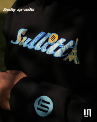 Men in Street Style 'City of Nights' Black 400 GSM Cotton Fleece Graphic Oversize Hoodie HG x Sullitt - Front & Sleeve Print Close Up