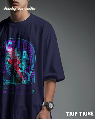 Men in Street Style 'Classy No More Drama' Navy Blue 240 GSM 100% Cotton Oversize Tee HG x Trip Tribe - Front Close